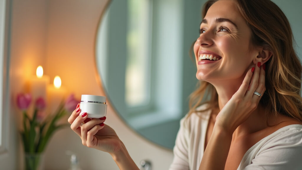 woman enjoying a self-care routine, applying neck firming cream