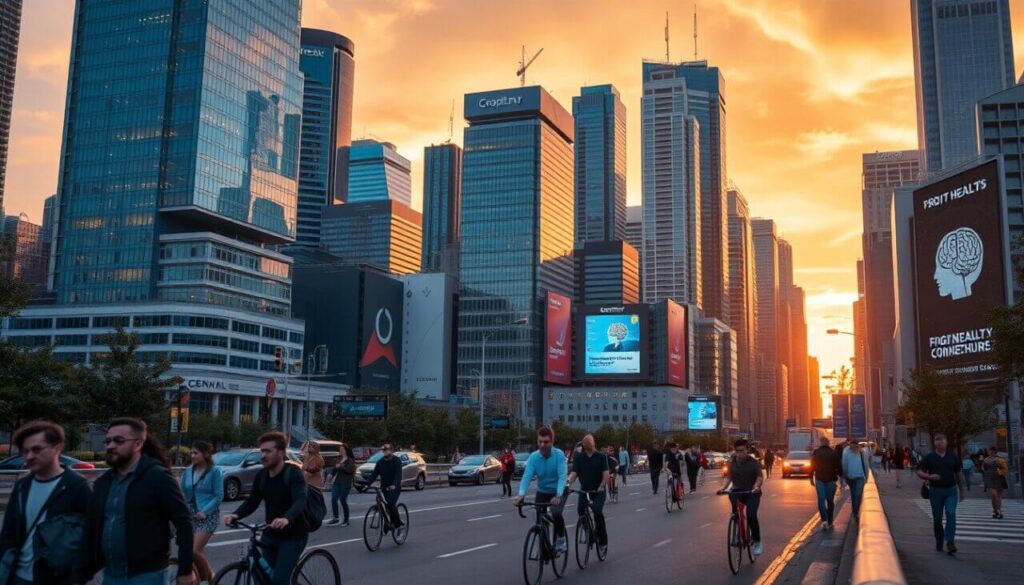 dynamic cityscape at sunset, representing the hustle and bustle