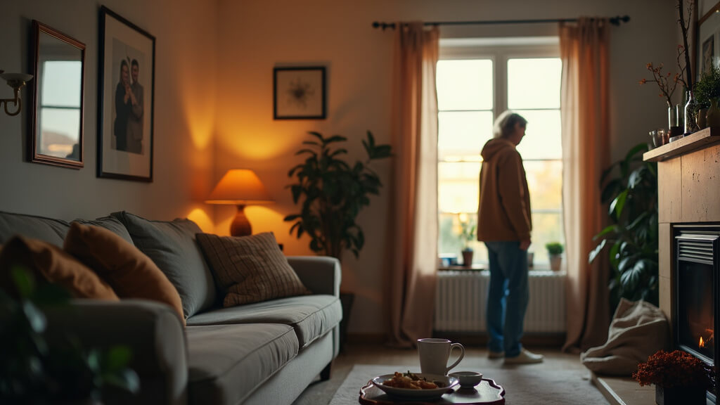 family member stands by a window, looking worriedly at a photo of a loved one