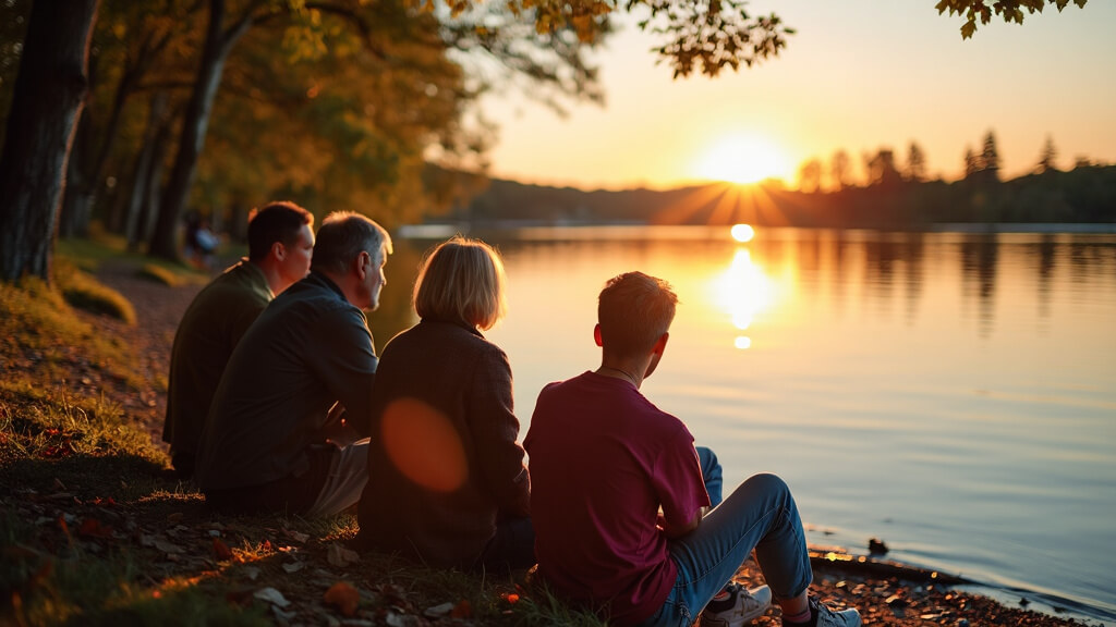 group of friends sits on the shore