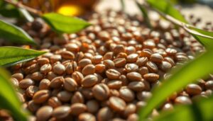 jojoba seeds scattered across a wooden surface