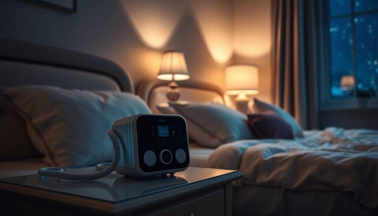 cozy bedroom at night featuring a modern, stylish maskless CPAP machine